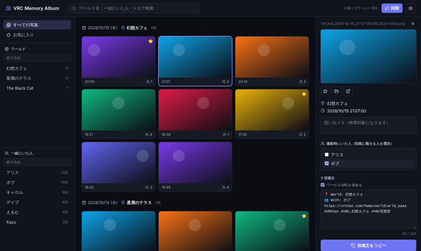 VRC Memory Album の画面。左にワールドと一緒にいた人の一覧、中央に日付とワールドごとの写真、右に選んだ写真の詳細と X 投稿文。
